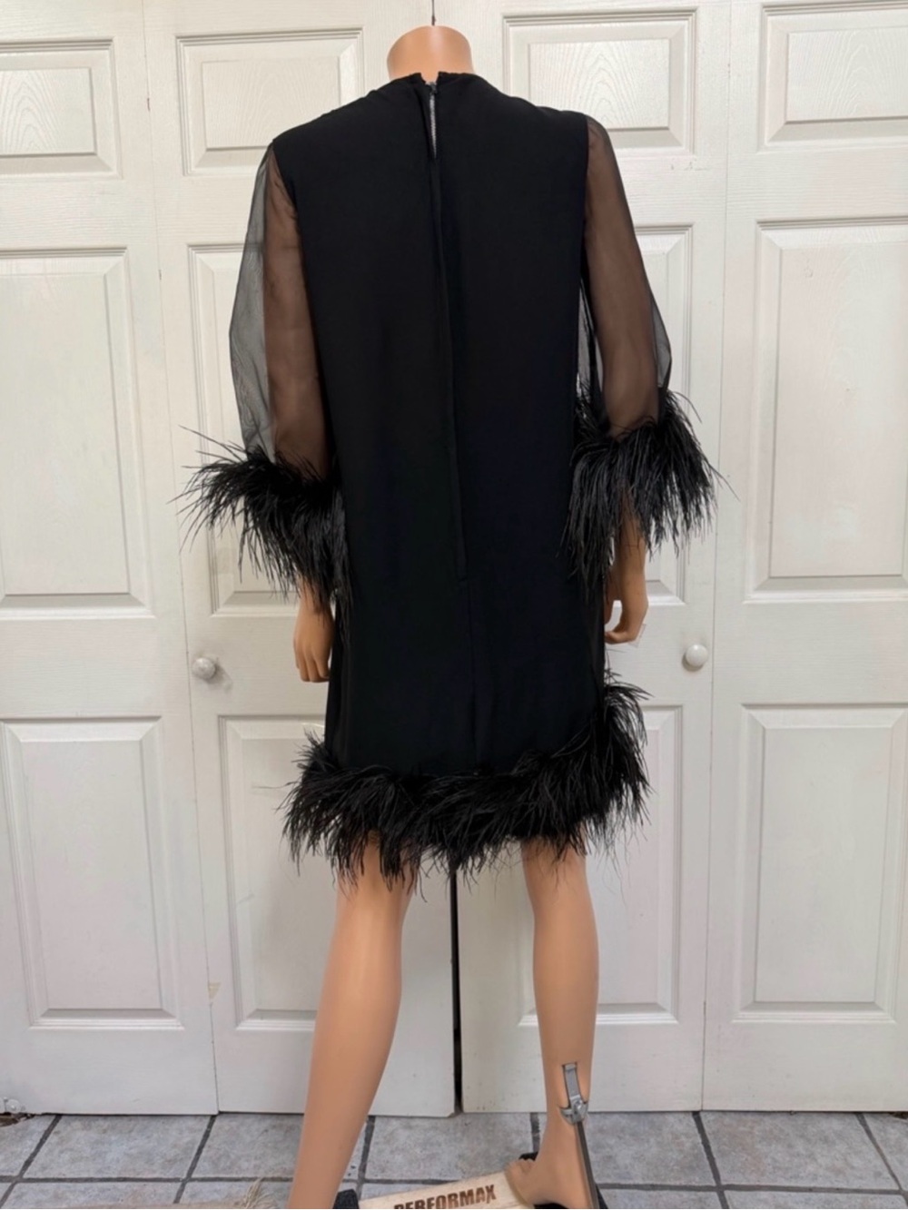 Vintage 60’s black cocktail dress w/ feather trim & sheer sleeves small - Picture 2 of 12